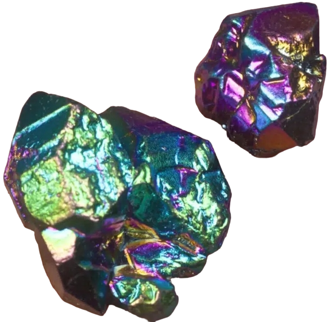 transparent image of two rainbow rough chunks of metal