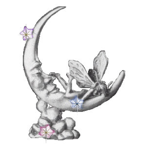 gif of a sparkling silver fairy statue reclining on a silver moon statue
